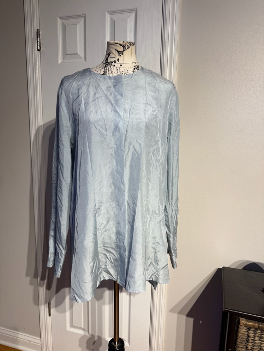 NWOT COS 100% Silk stand-up collar Baby Sky Blue Long-Sleeve Shirt 12 blouse